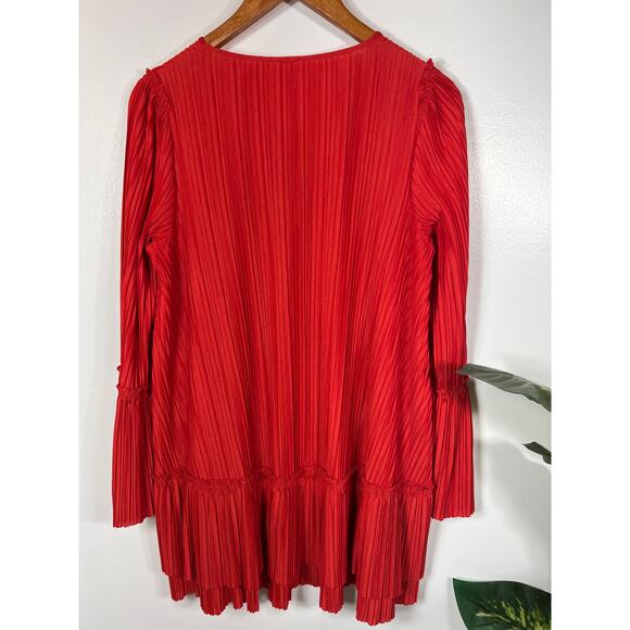Free People Ruffled Pleated Oversized Short Red Dress Can't Help It Bell Sleeve - Picture 4 of 9